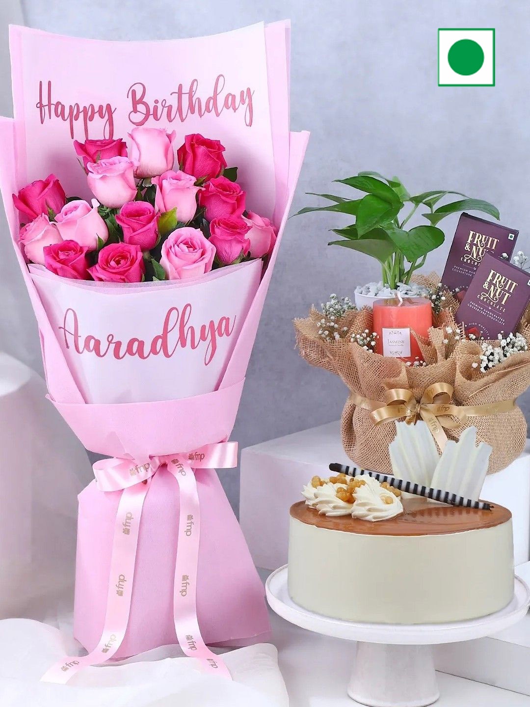 

fnp pink roses with butterscotch cake and chocolates, Multi