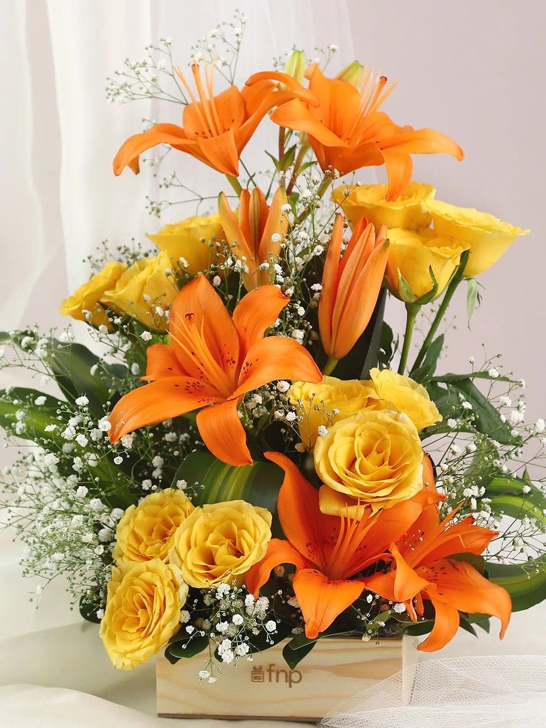 

fnp Orange 15 Pieces Coloured Lilies & Roses Fresh Flowers Bouquet