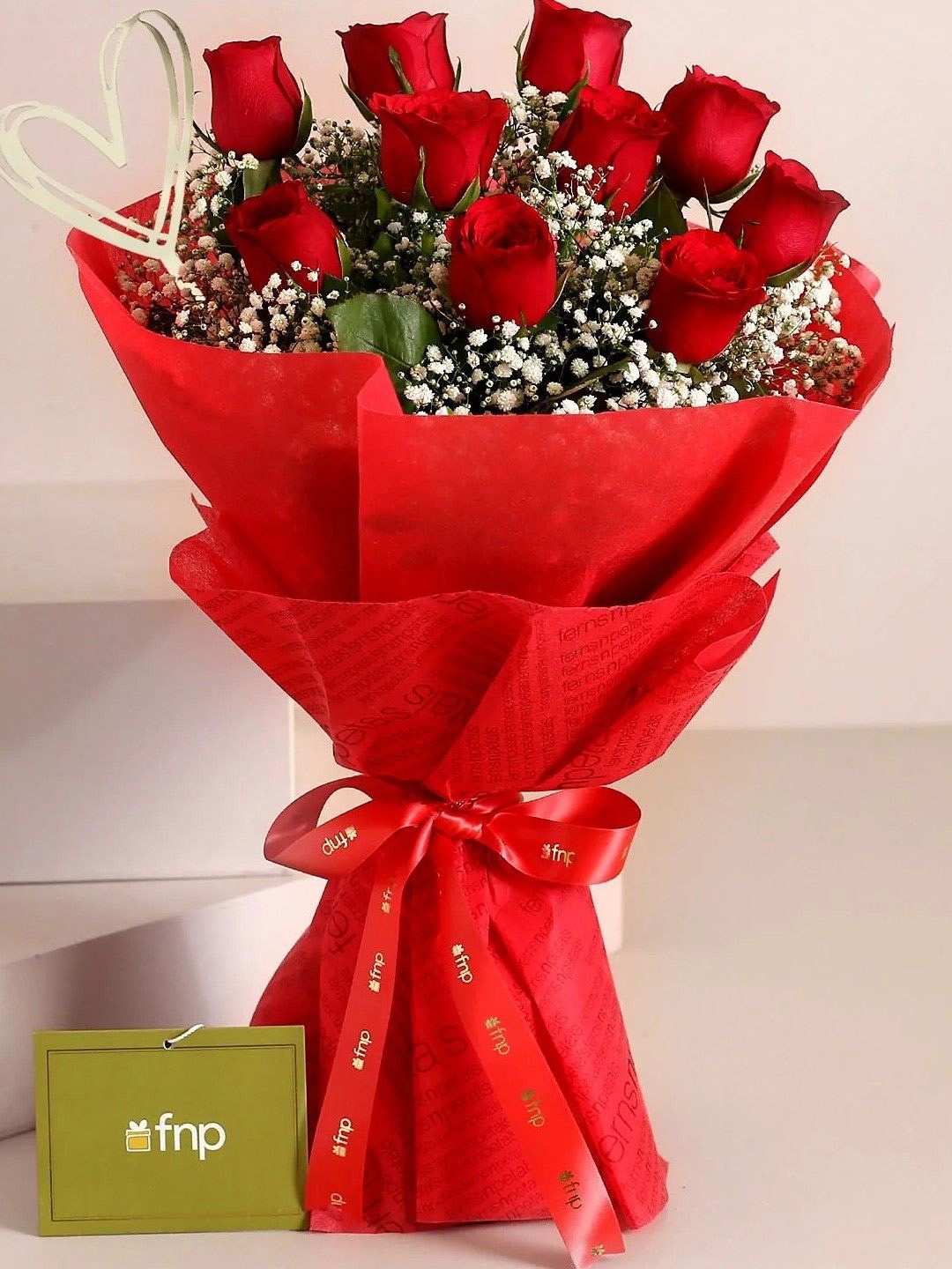 

fnp Red & Green 10 Pieces Roses Fresh Flowers Bouquet