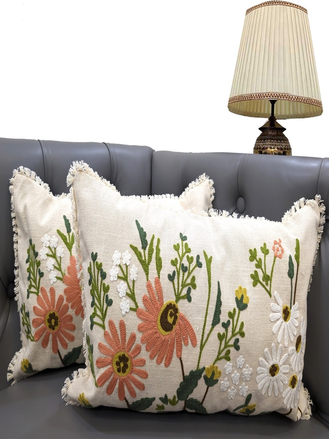 

Good Vibes Beige & Green 2 Pieces Embroidered Rectangular Cushion Covers