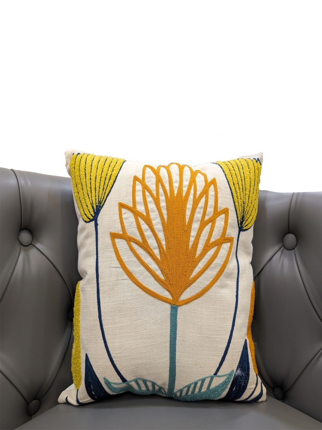 

Good Vibes Beige & Yellow Embroidered Square Cushion Cover