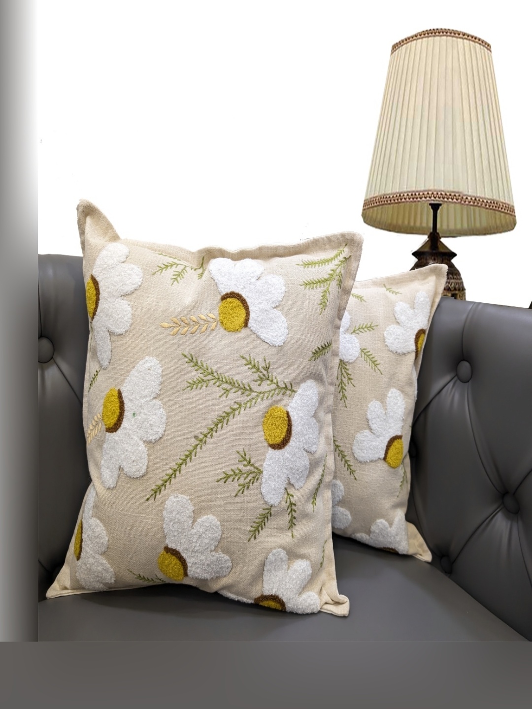 

Good Vibes Beige & White 2 Pieces Embroidered Square Cushion Covers
