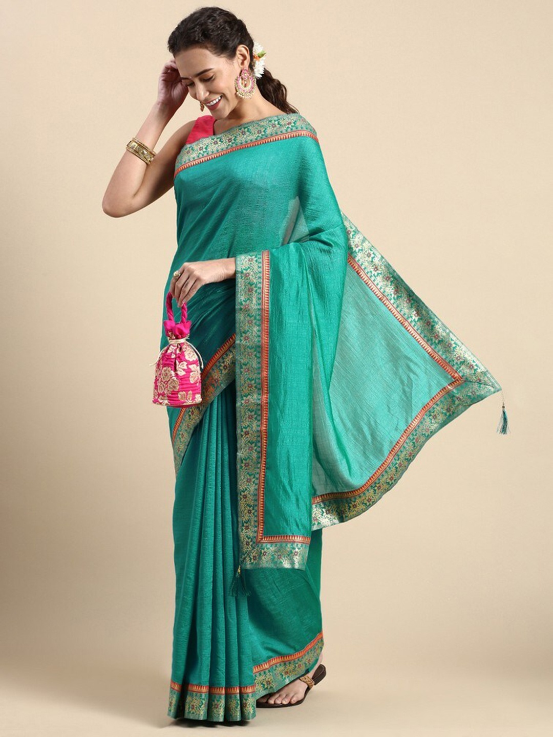 

HERE&NOW Woven Design Border Saree, Blue