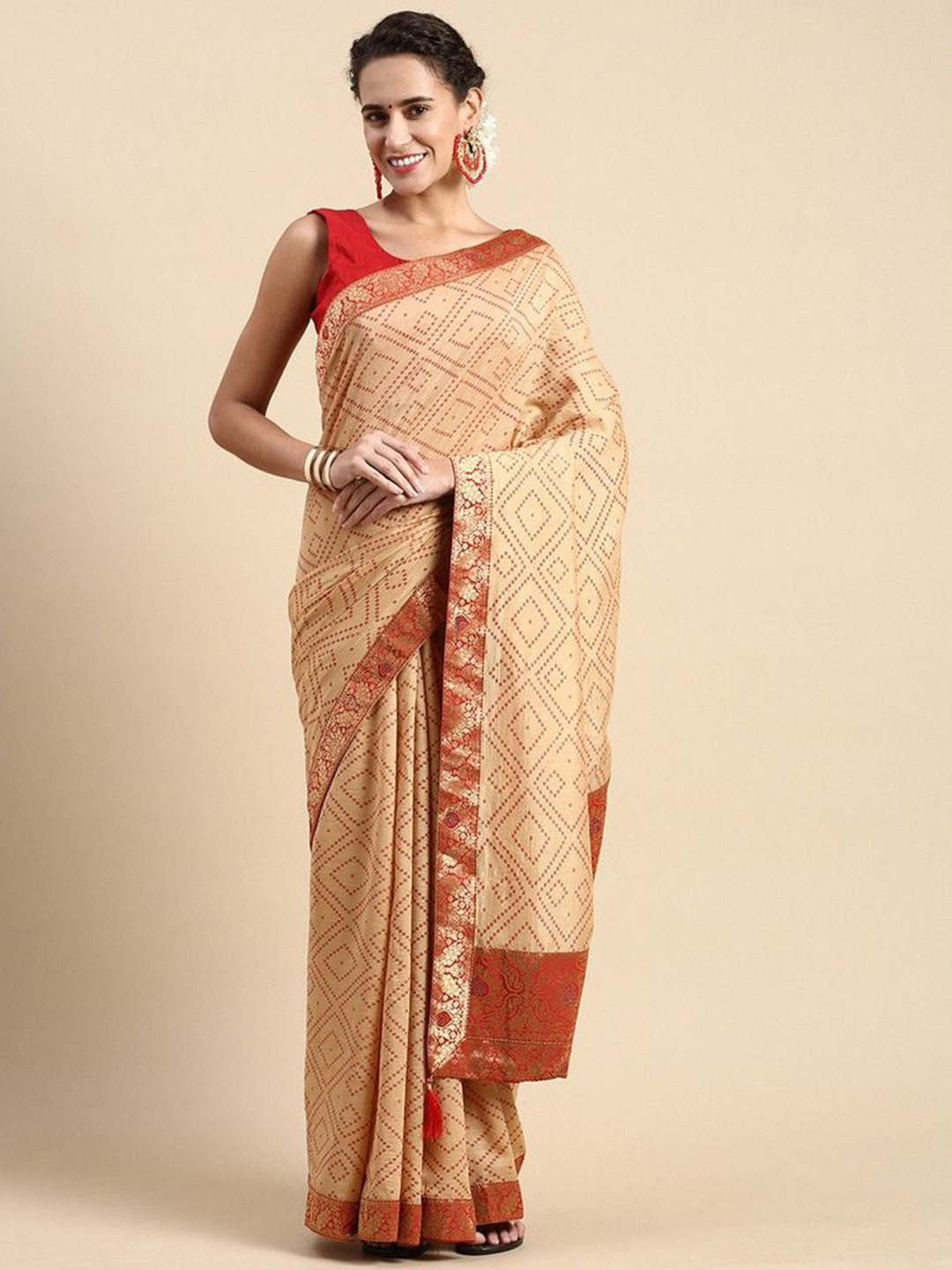 

HERE&NOW Bandhani Zari Saree, Cream
