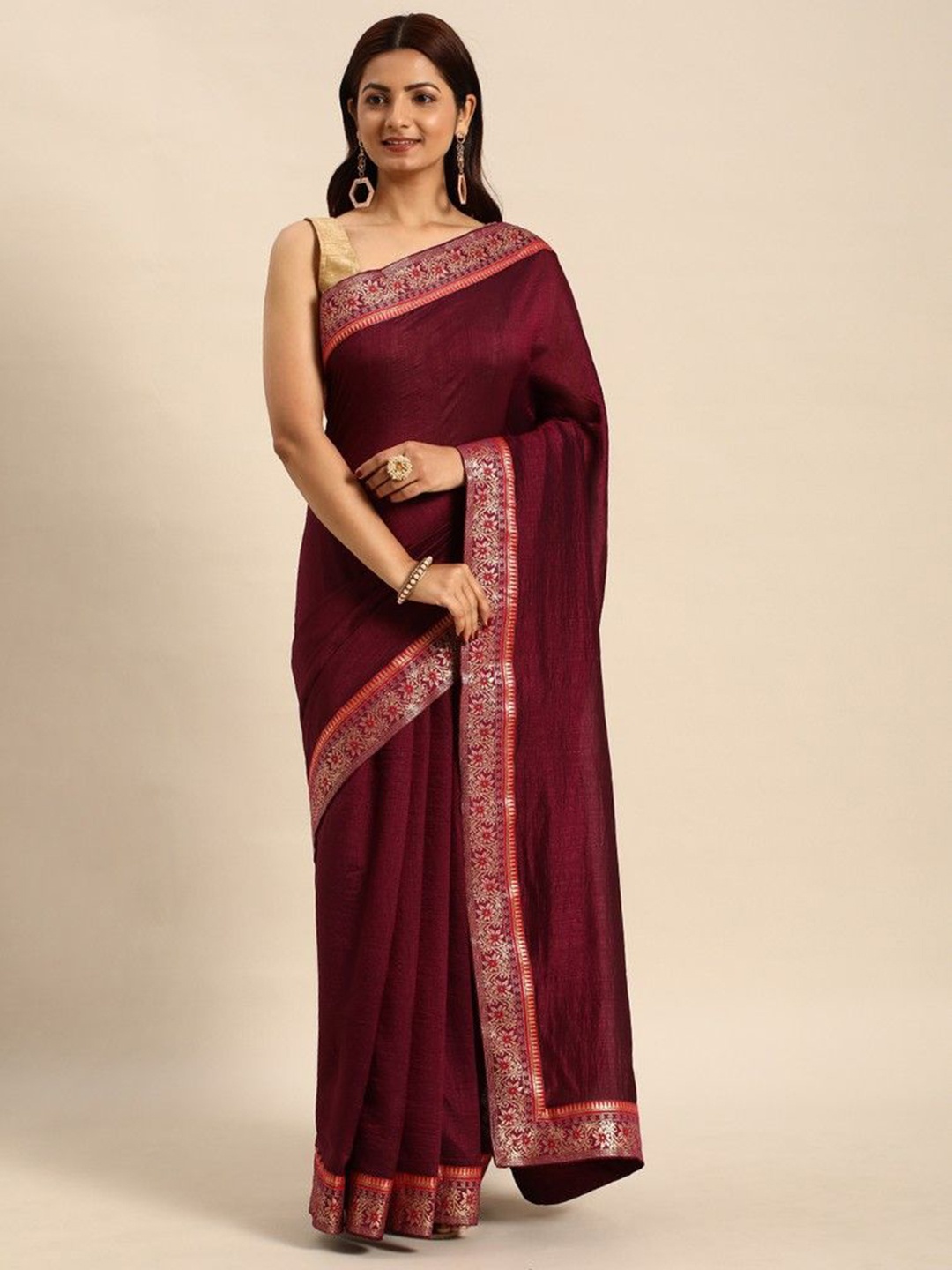 

HERE&NOW Woven Design Zari Saree With Blouse Piece, Red