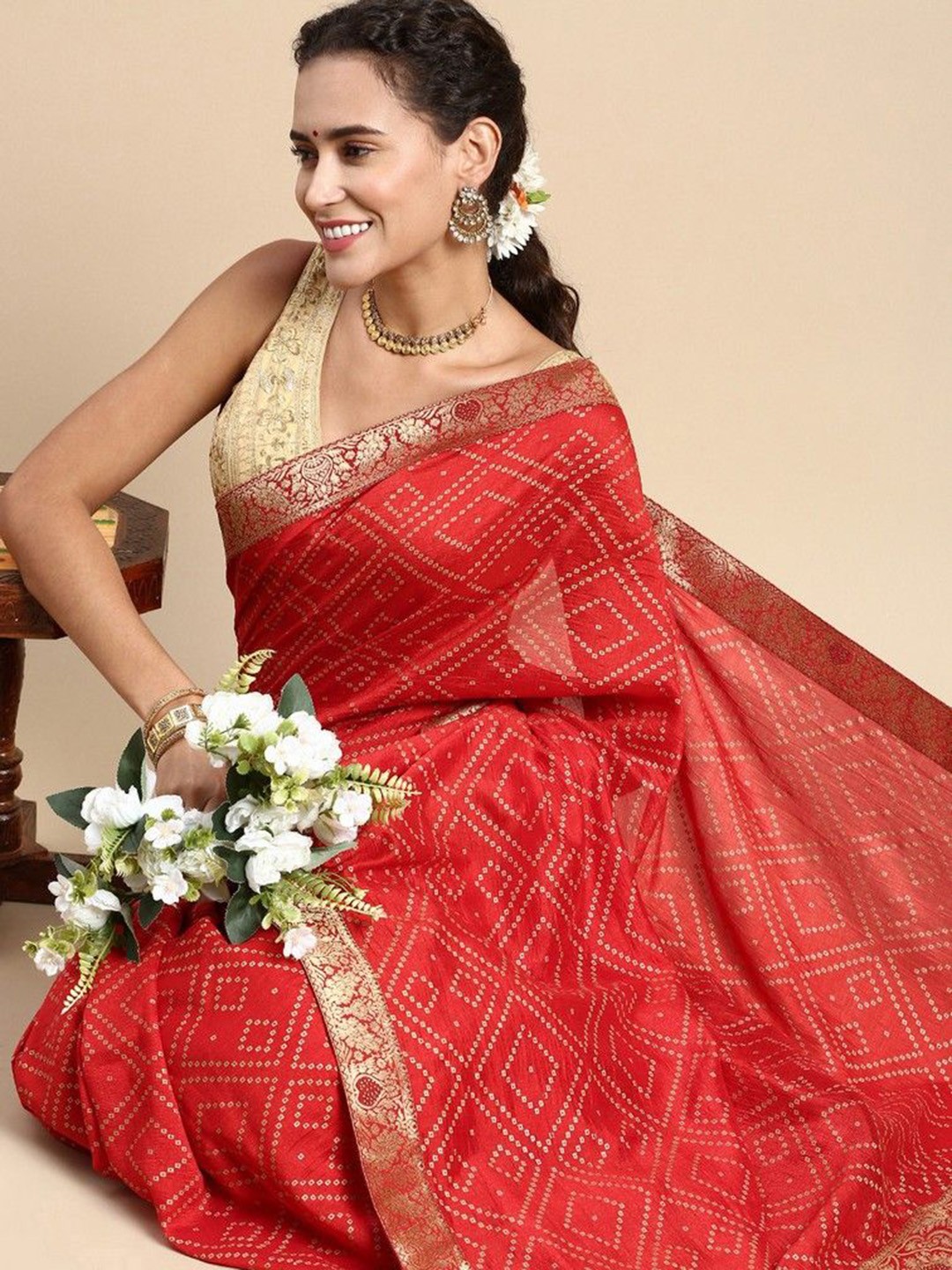 

HERE&NOW Bandhani Zari Saree, Red