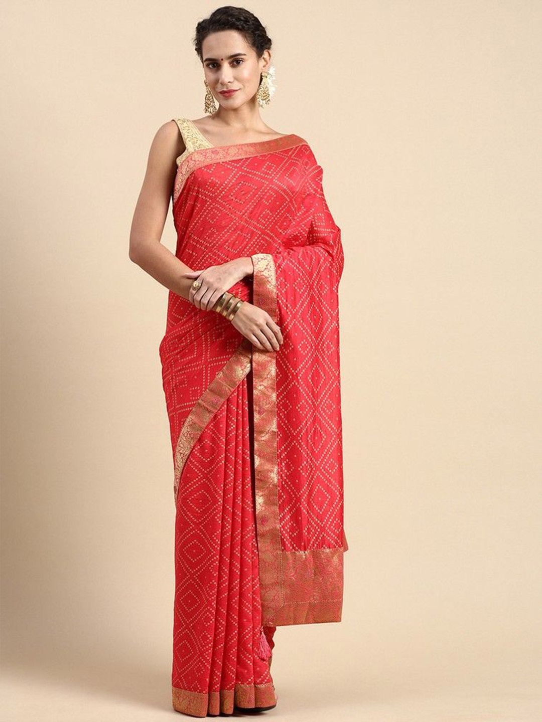 

HERE&NOW Bandhani Zari Saree, Pink
