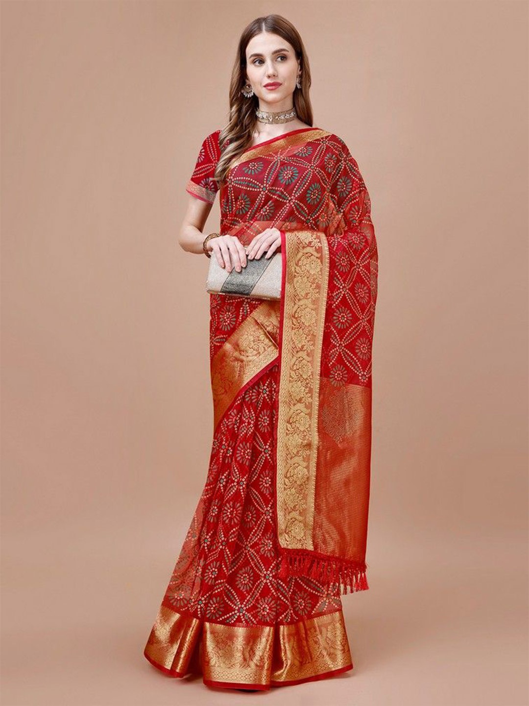 

HERE&NOW Bandhani Zari Organza Saree, Maroon
