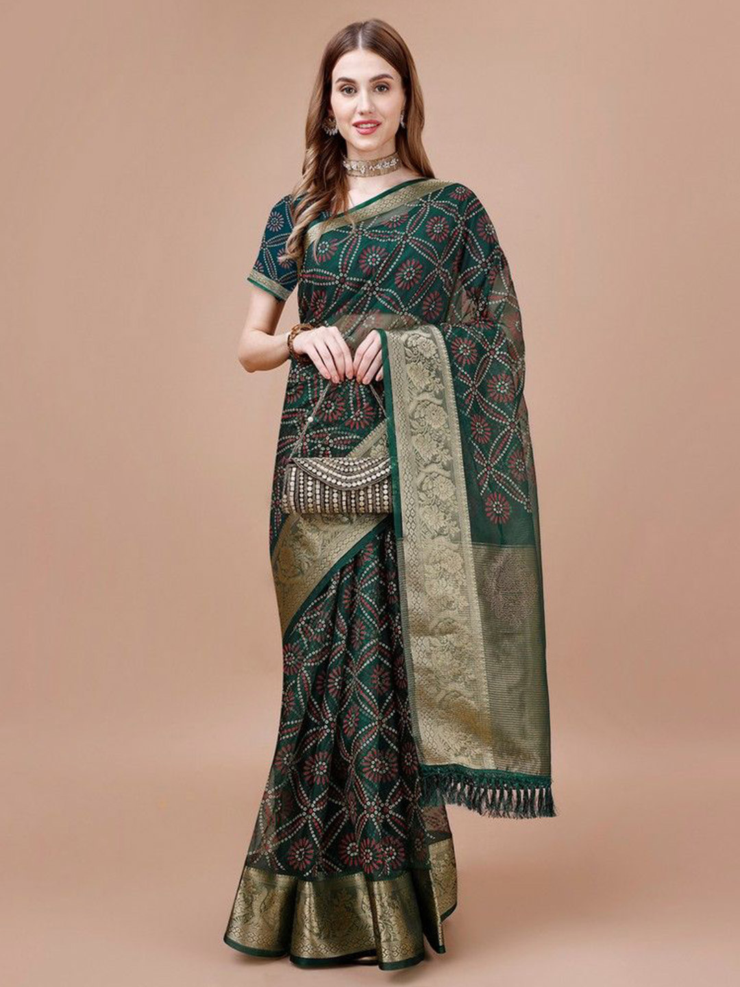 

HERE&NOW Floral Zari Organza Saree, Green