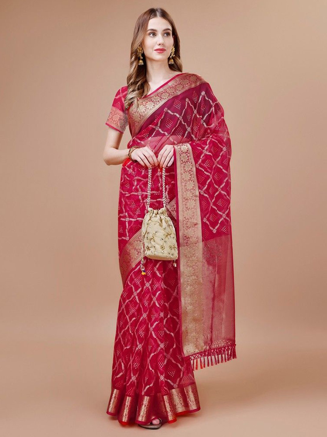 

HERE&NOW Woven Design Zari Organza Saree, Maroon