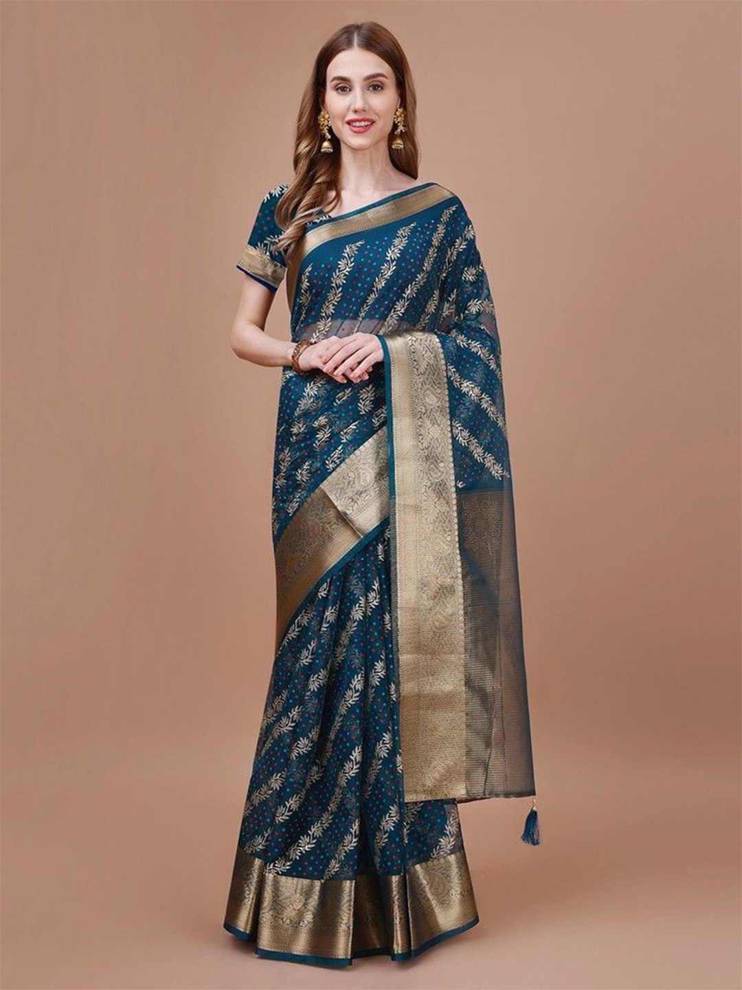 

HERE&NOW Ethnic Motifs Zari Organza Saree, Navy blue