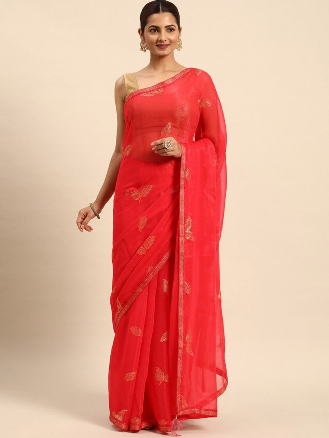 

HERE&NOW Ethnic Motifs Embroidered Saree, Red