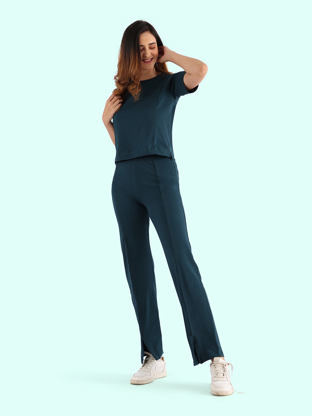 

Nite Flite Round Neck Pure Cotton Top With Trousers, Teal