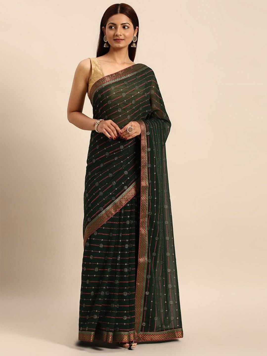

HERE&NOW Striped Zari Saree, Green