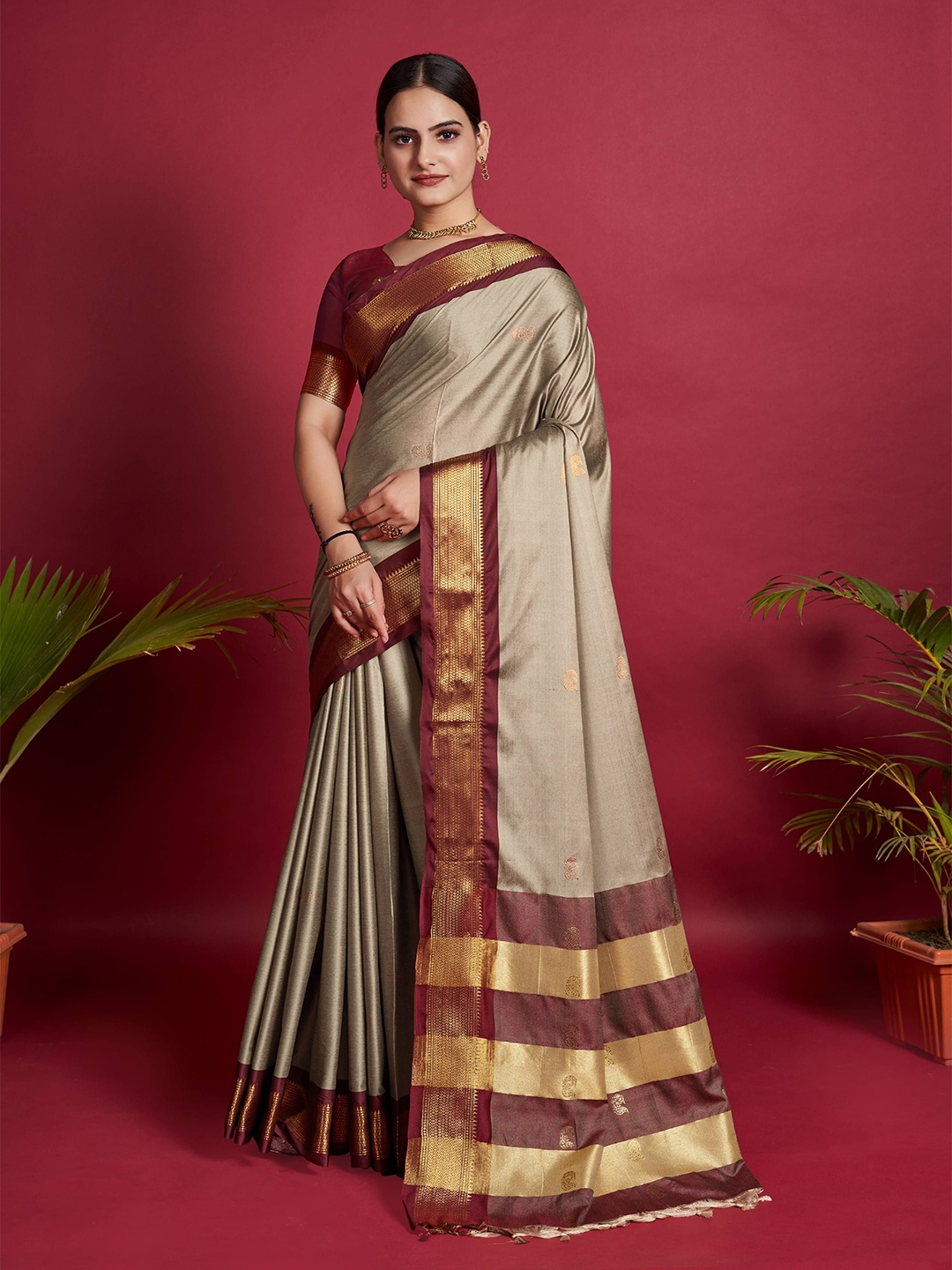 

bansari textiles Woven Design Zari Banarasi Saree, Cream