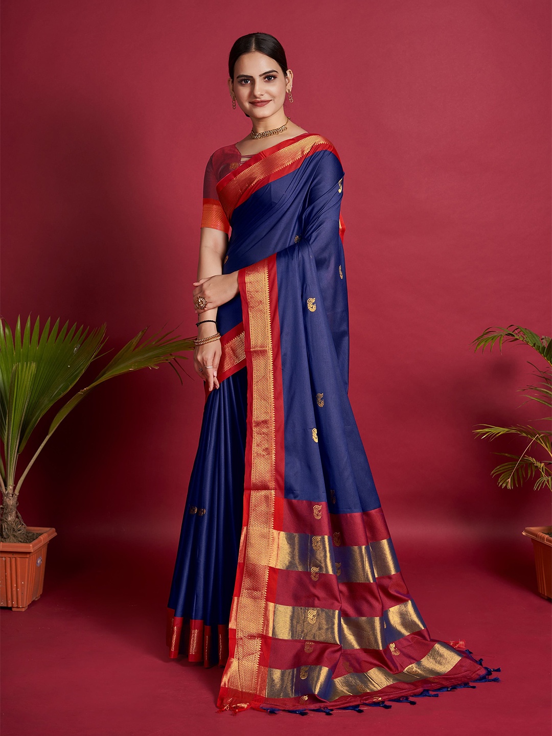 

bansari textiles Ethnic Motifs Zari Banarasi Saree, Navy blue