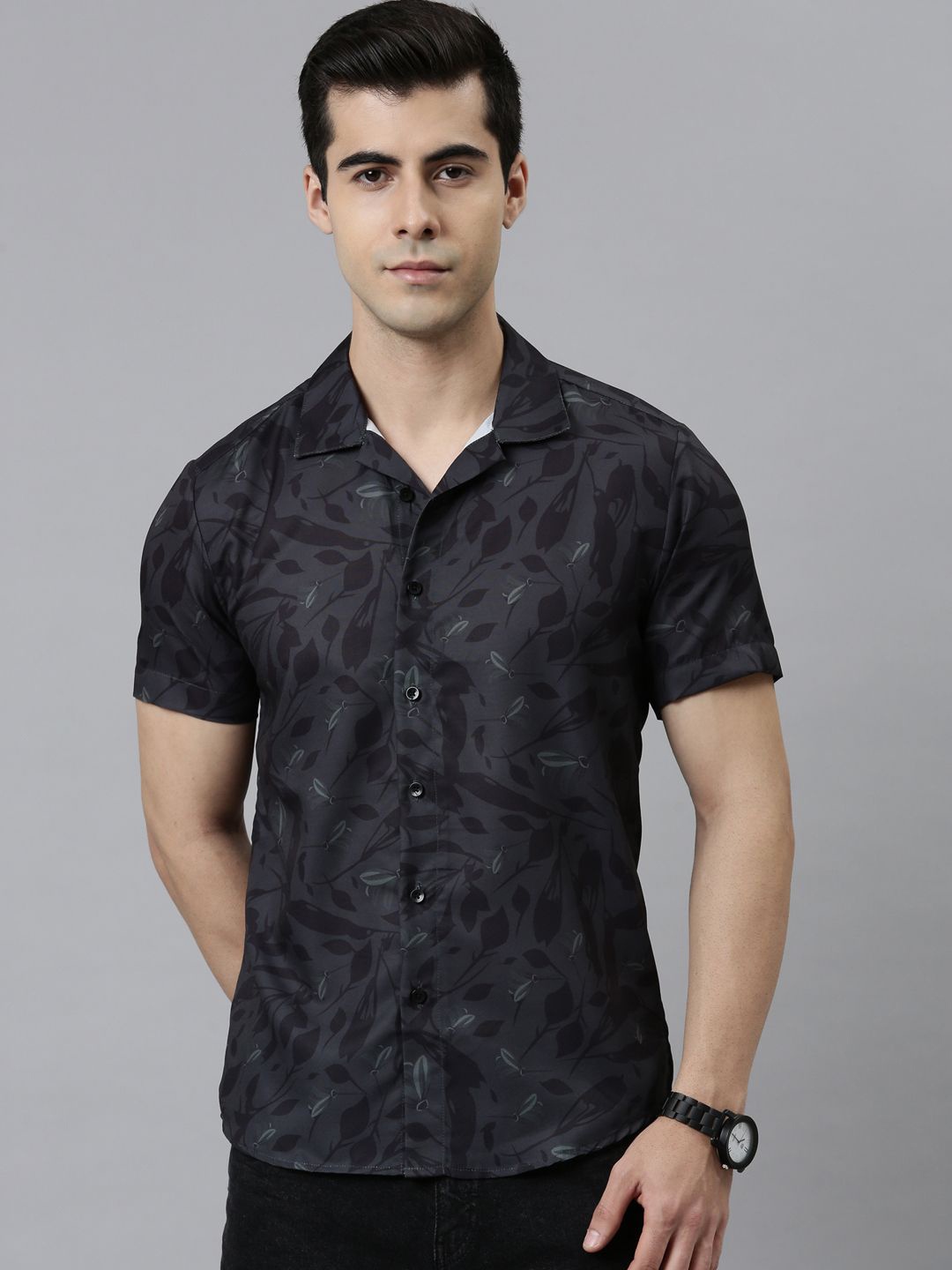 

Bushirt Men Comfort Floral Printed Casual Shirt, Charcoal