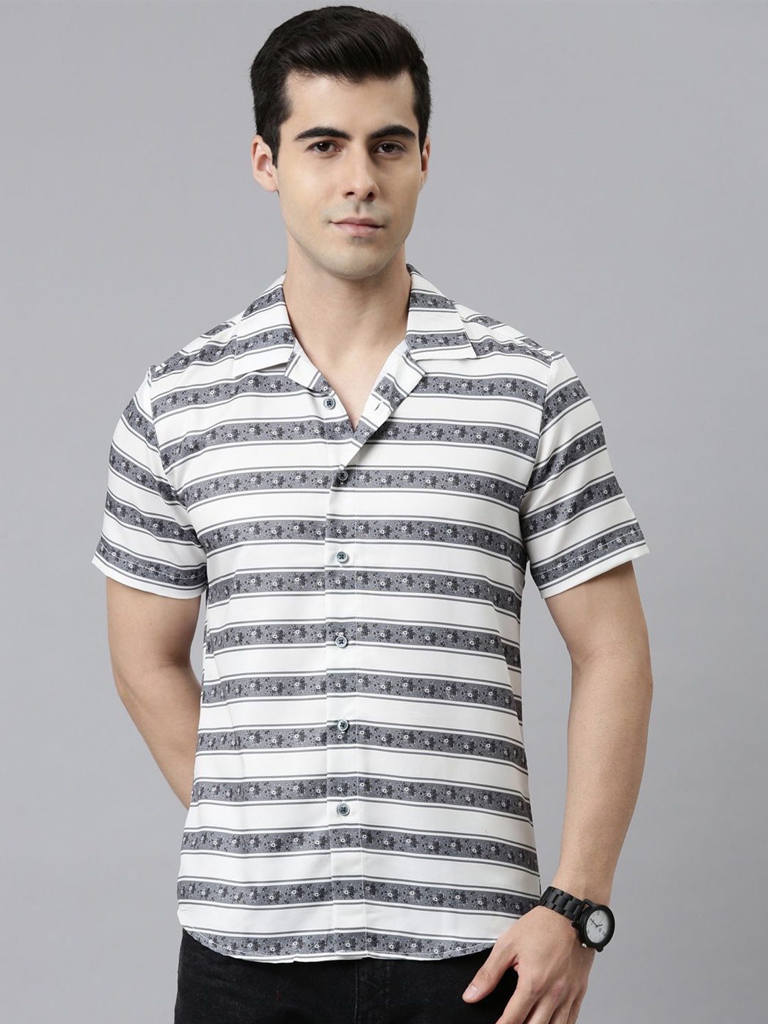 

Bushirt Men Comfort Horizontal Striped Printed Casual Shirt, White
