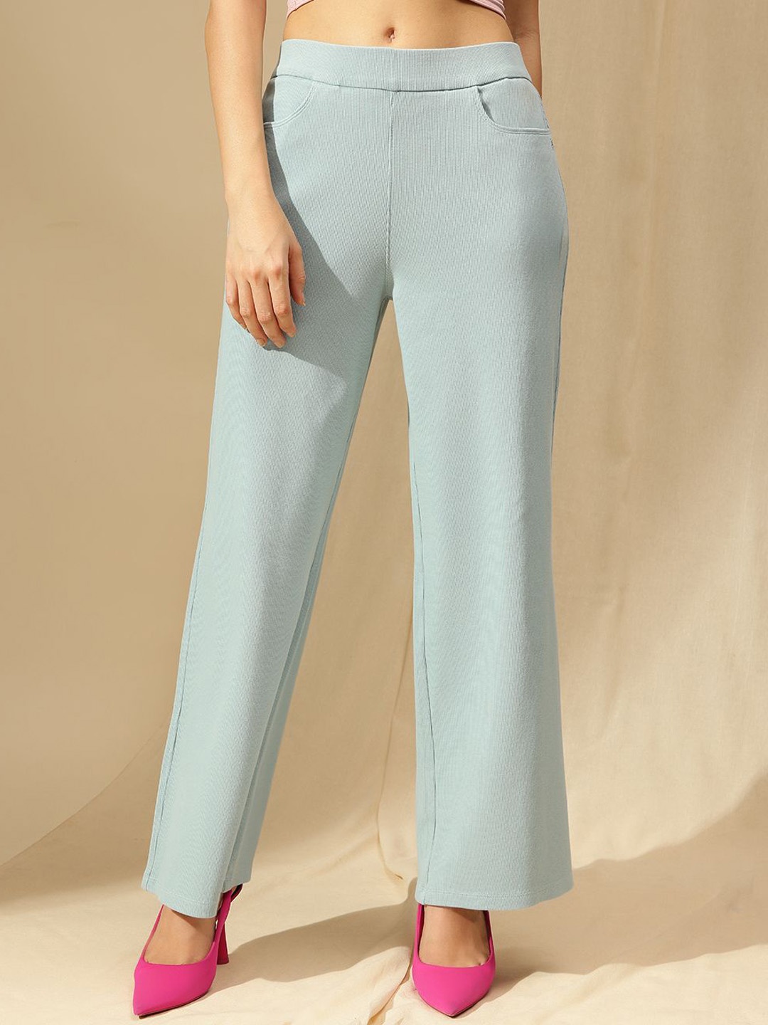 

Xpose Women Comfort High-Rise Ribbed Wide Leg Trousers, Blue