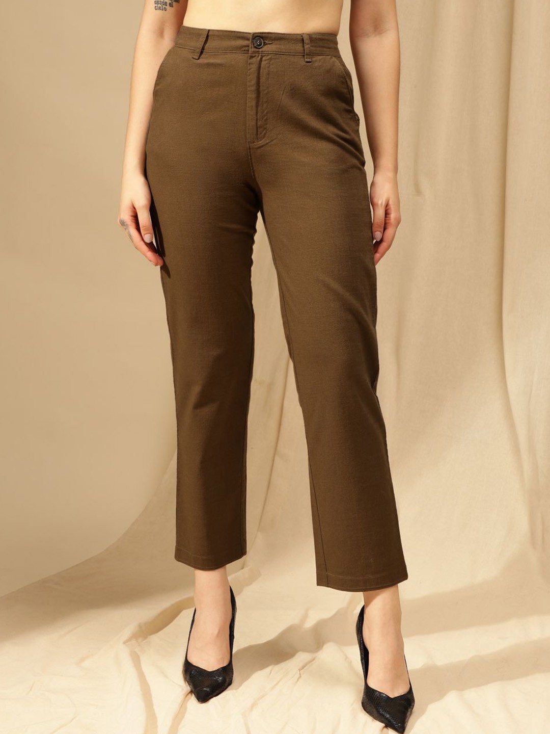 

Xpose Women Comfort Straight Fit High-Rise Trousers, Brown
