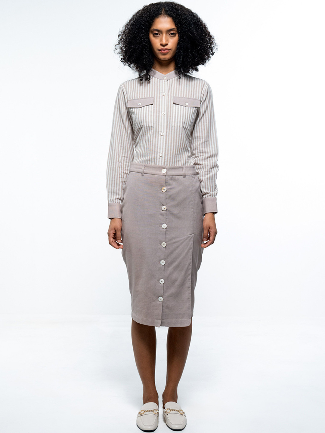 

SOTBELLA Striped Pure Cotton Shirt With Skirt Co-Ords, Grey