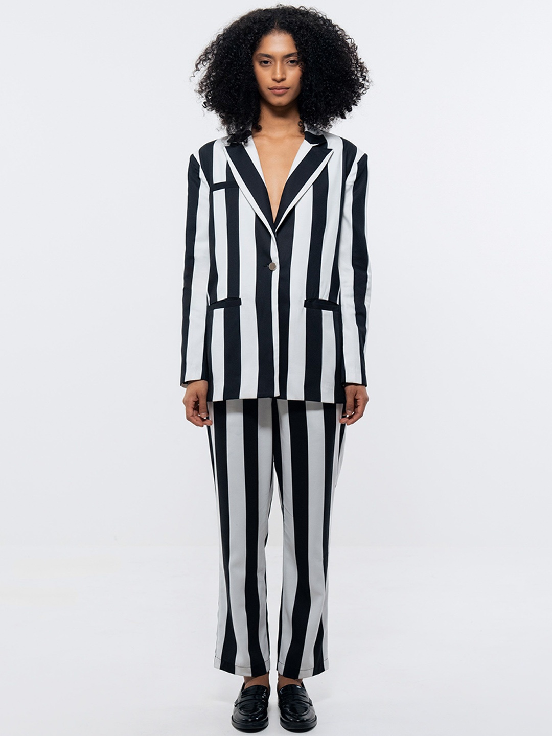 

SOTBELLA Striped Shawl Neck Blazer & Trousers, Black