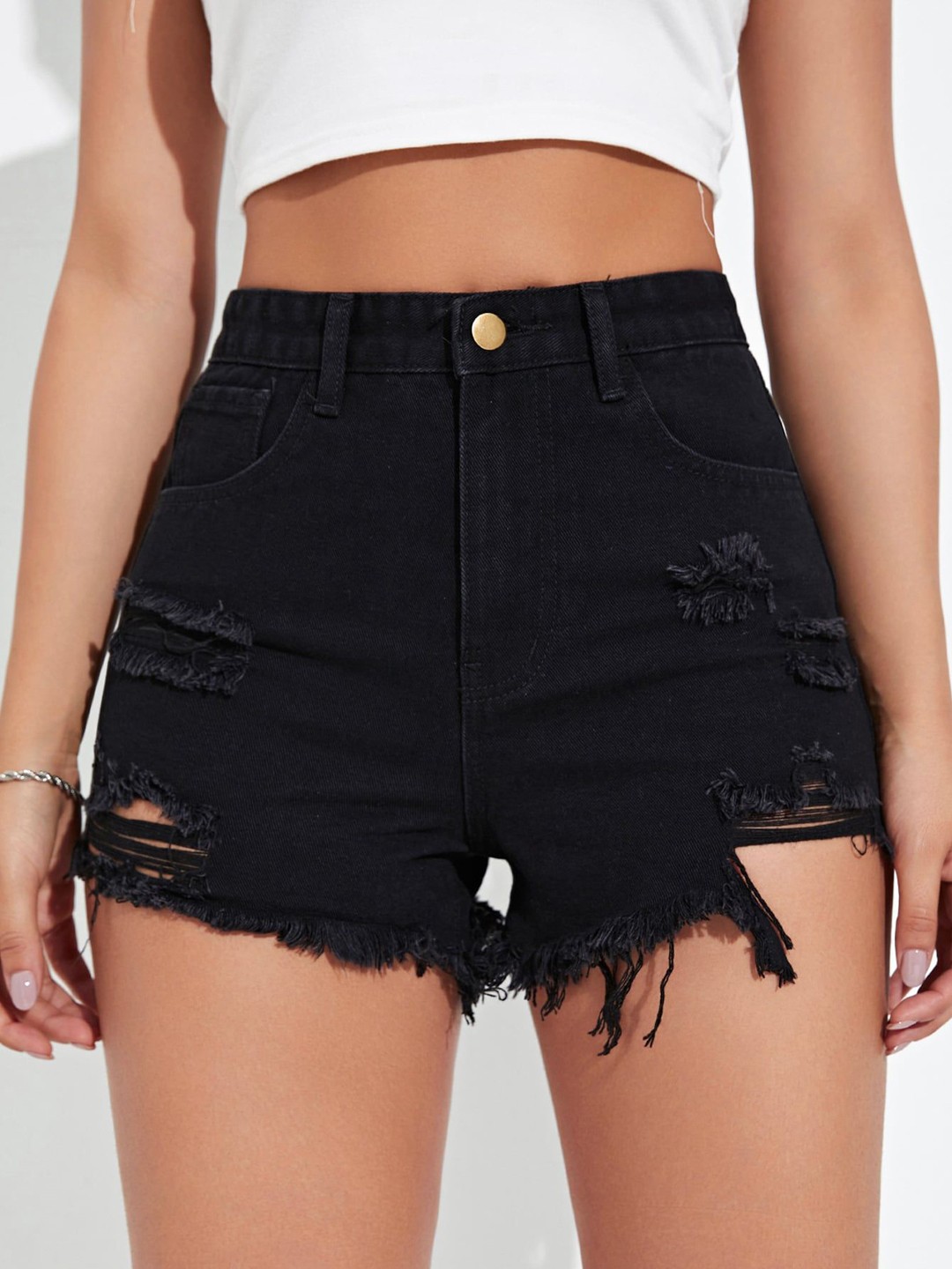 

AAHWAN Women Slim Fit High-Rise Denim Shorts, Black