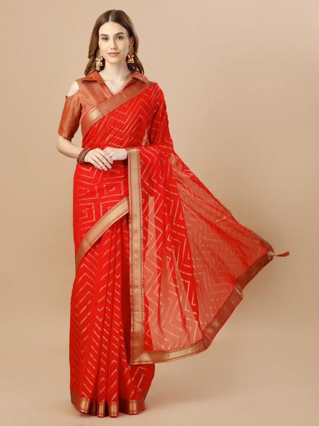 

HERE&NOW Zari Pure Chiffon Leheriya Saree, Orange