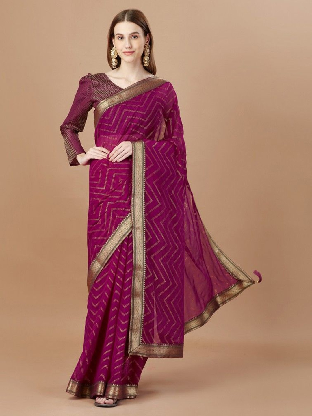 

HERE&NOW Leheriya Zari Pure Chiffon Leheriya Saree, Burgundy