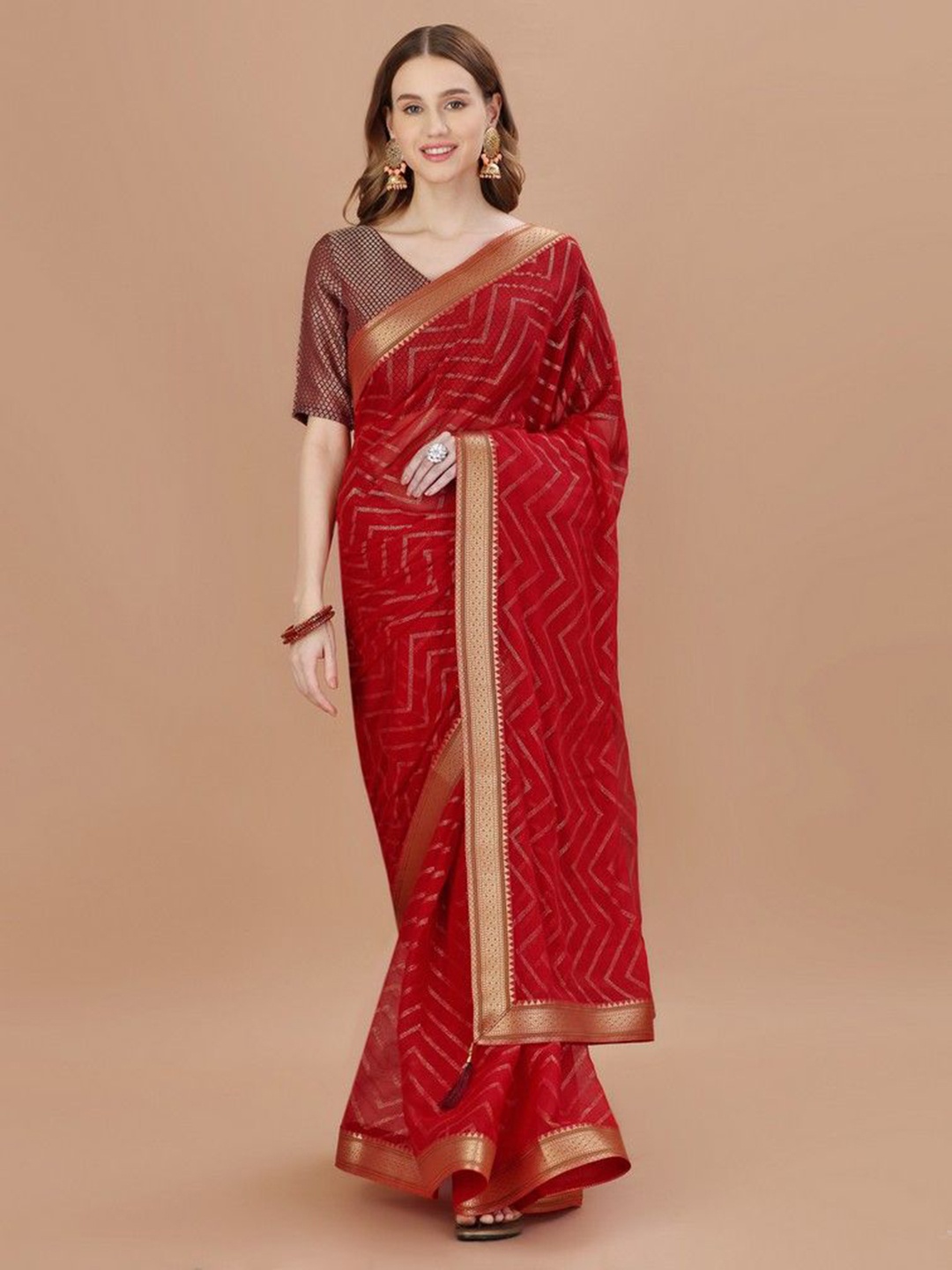 

HERE&NOW Printed Zari Pure Chiffon Saree, Maroon