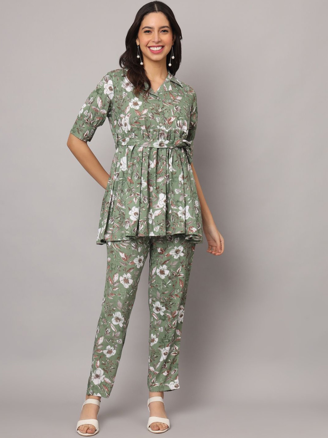 

KALINI Floral Printed Spread-Way Collar Bishop Sleeves Tunic & Trousers, Green