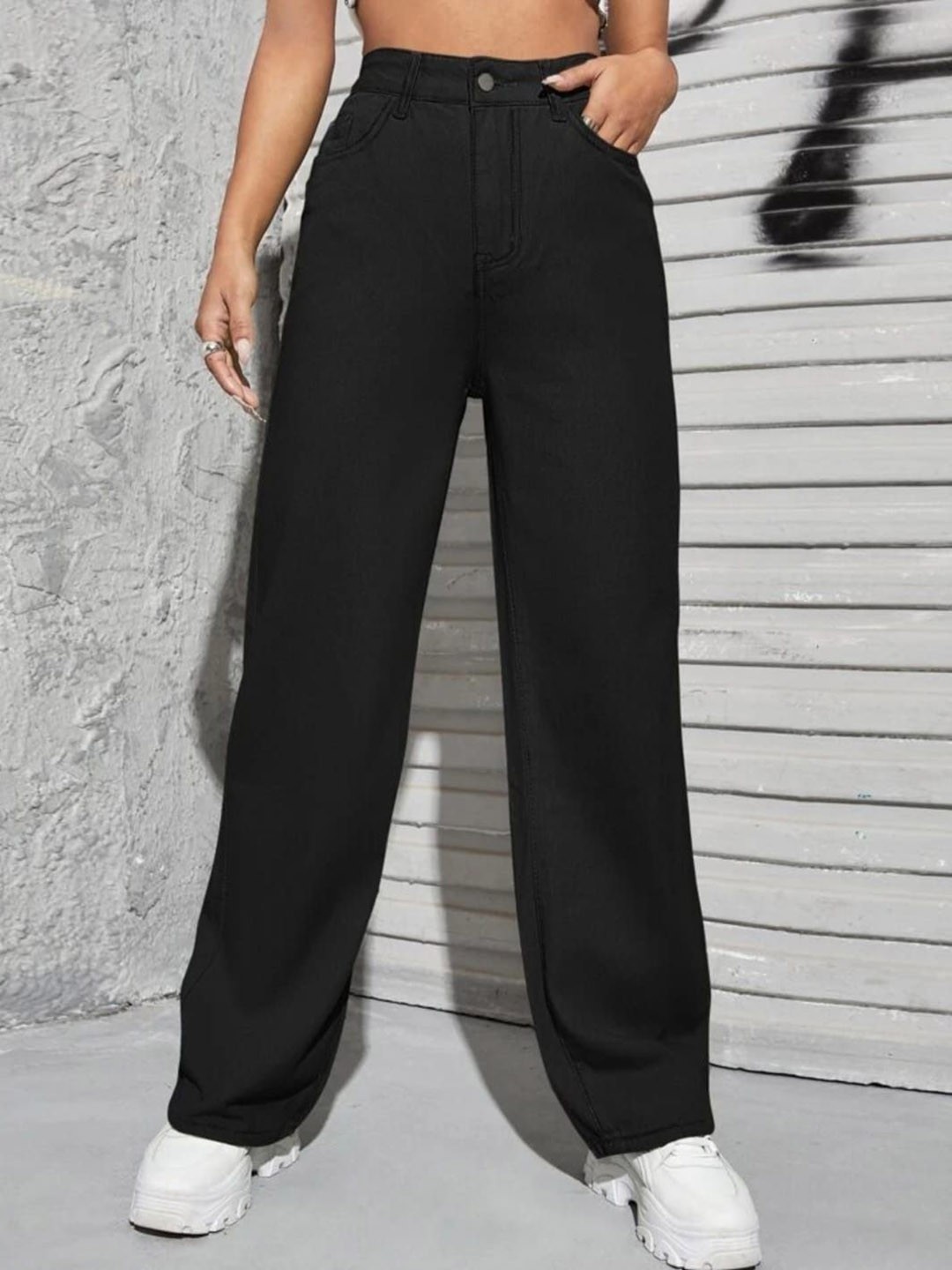 

Next One Women Smart Straight Fit High-Rise Mildly Distressed Cotton Stretchable Jeans, Black