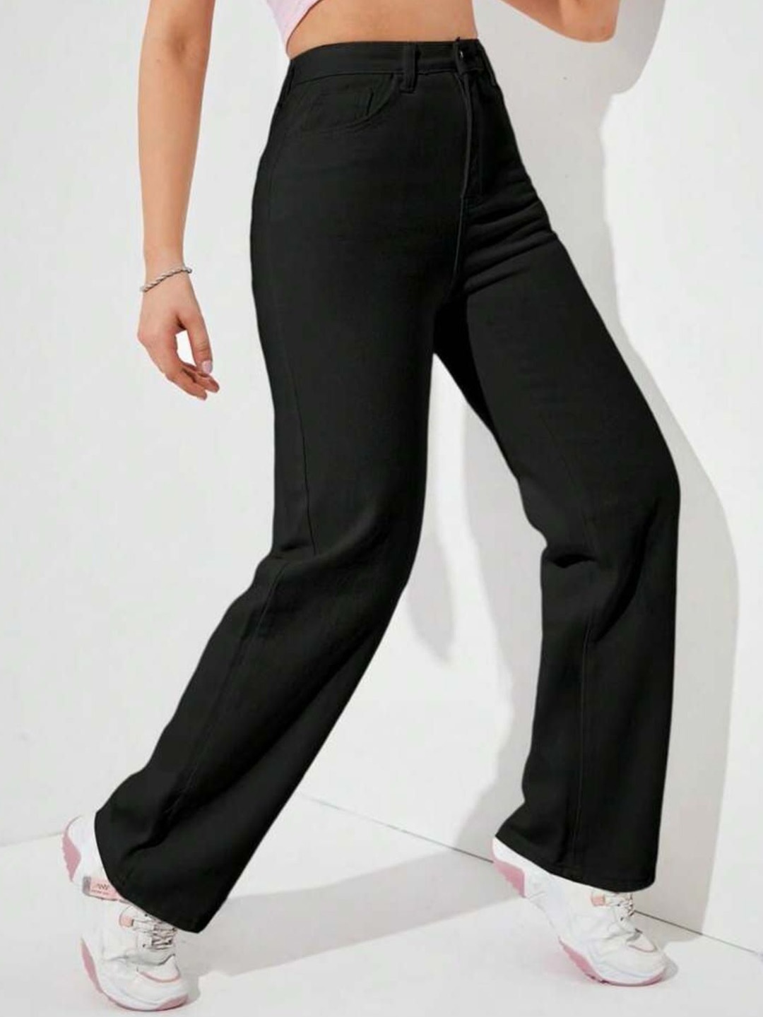 

Next One Women Smart Straight Fit High-Rise Slash Knee Stretchable Jeans, Black