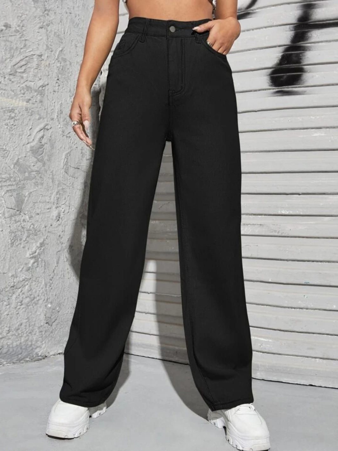 

Next One Women Smart Straight Fit High-Rise Mildly Distressed Cotton Stretchable Jeans, Black