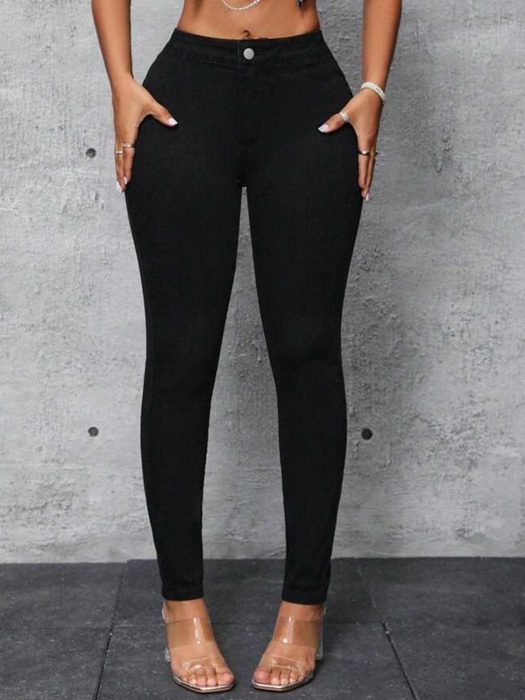 

Next One Women Smart Skinny Fit High-Rise Slash Knee Cotton Stretchable Jeans, Black