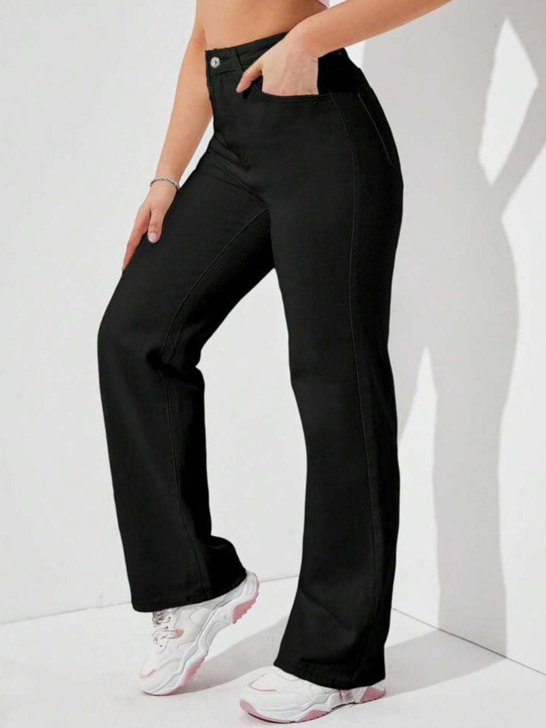 

BROADSTAR Women Smart Straight Fit High-Rise Clean Look Stretchable Jeans, Black