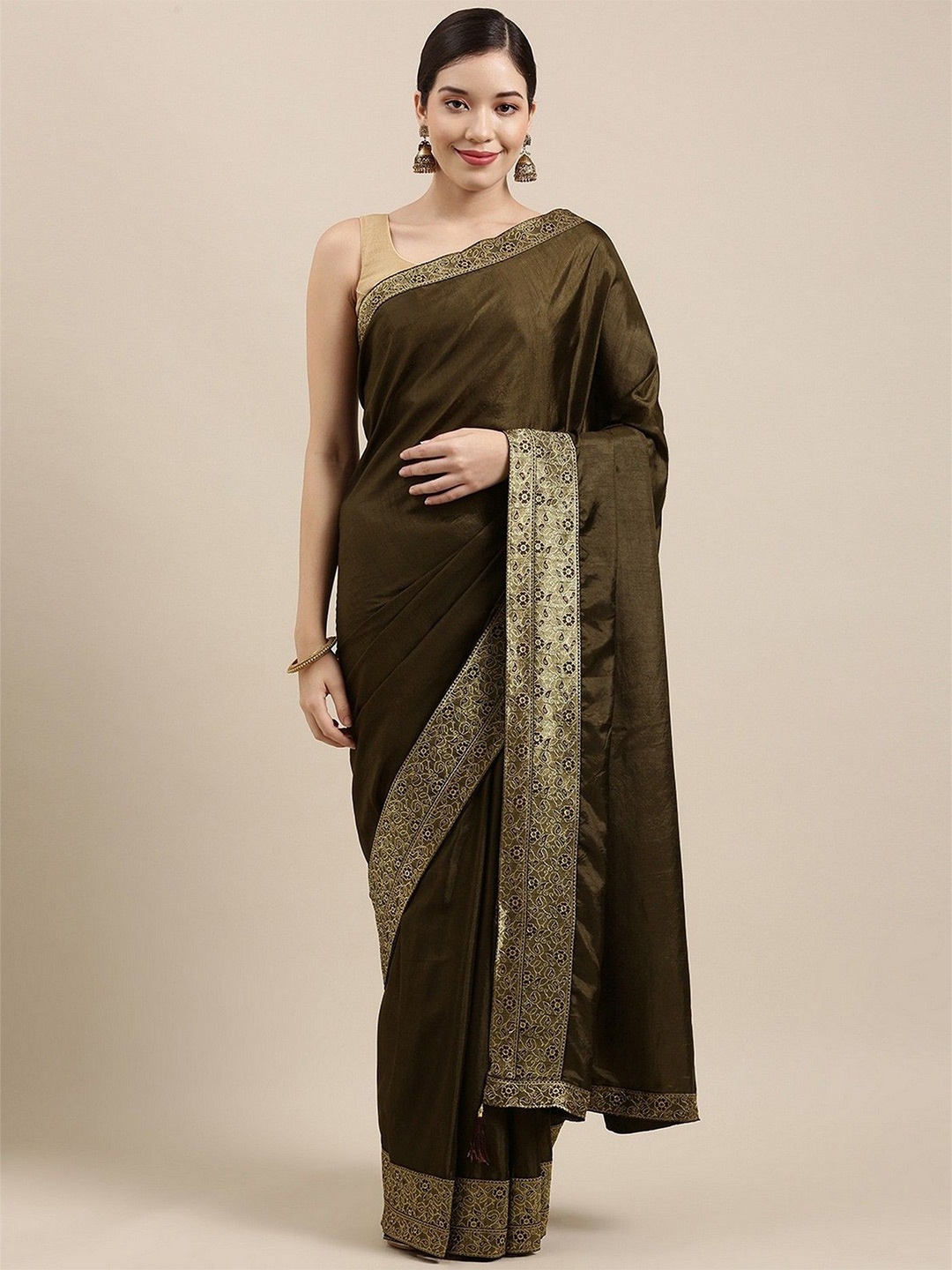 

HERE&NOW Solid Woven Design Border Saree, Olive