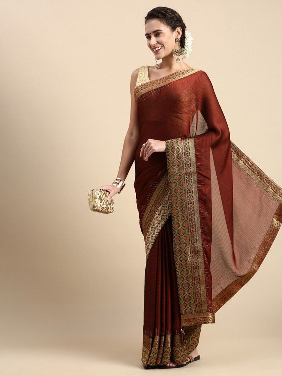 

HERE&NOW Embellished Zari Saree, Brown