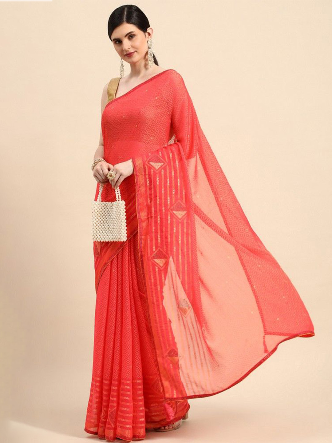 

HERE&NOW Woven Design Beads and Stones Brasso Saree, Pink