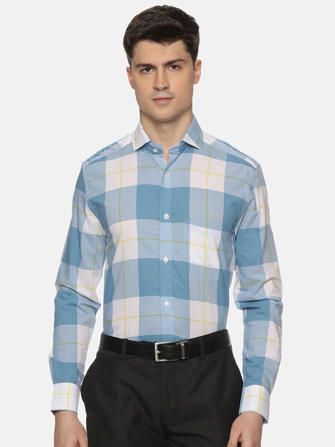 

THE FORMAL CLUB Men Buffalo Checked Spread Collar Formal Shirt, Blue