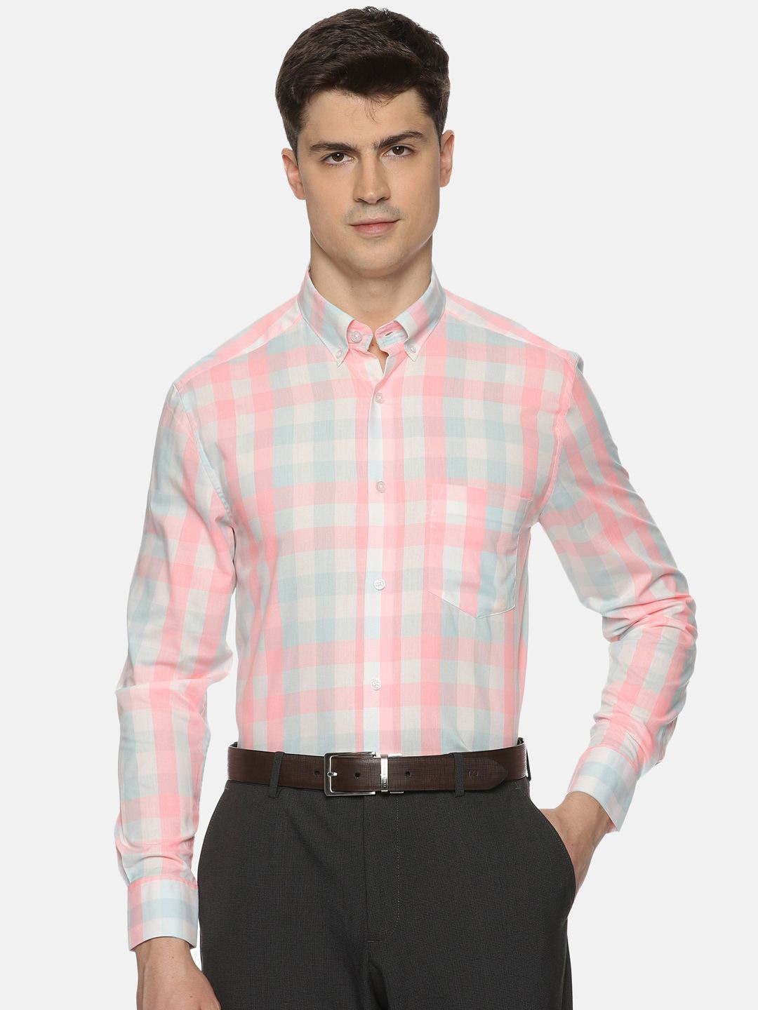

THE FORMAL CLUB Men Gingham Checked Button-Down Collar Formal Shirt, Pink