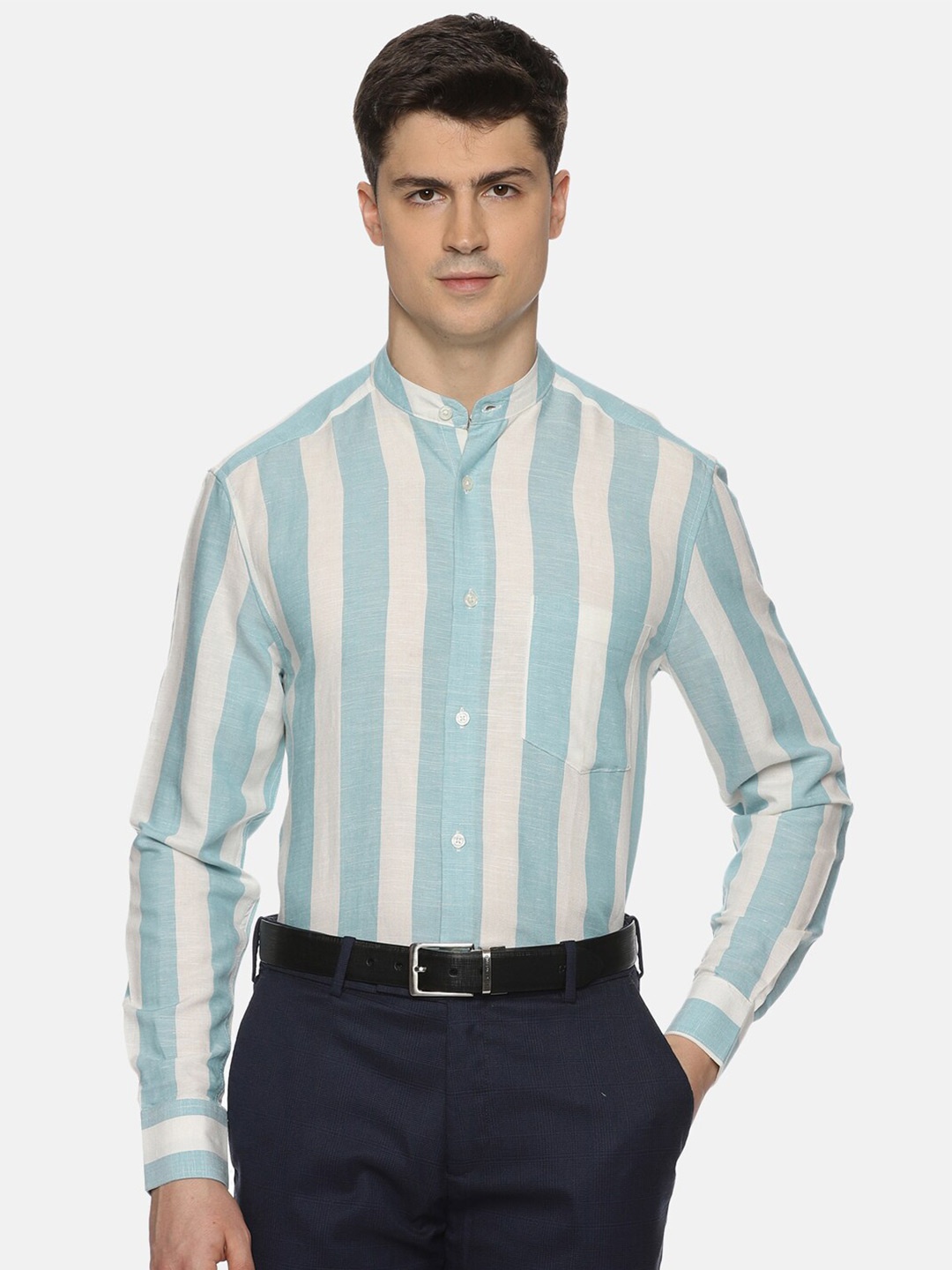 

THE FORMAL CLUB Men Striped Mandarin Collar Formal Shirt, Blue