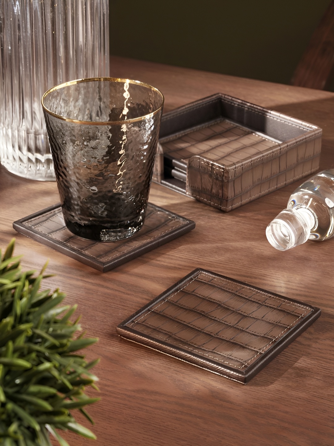 

Pure Home and Living Brown 4 Pieces Faux Leather Textured Coasters