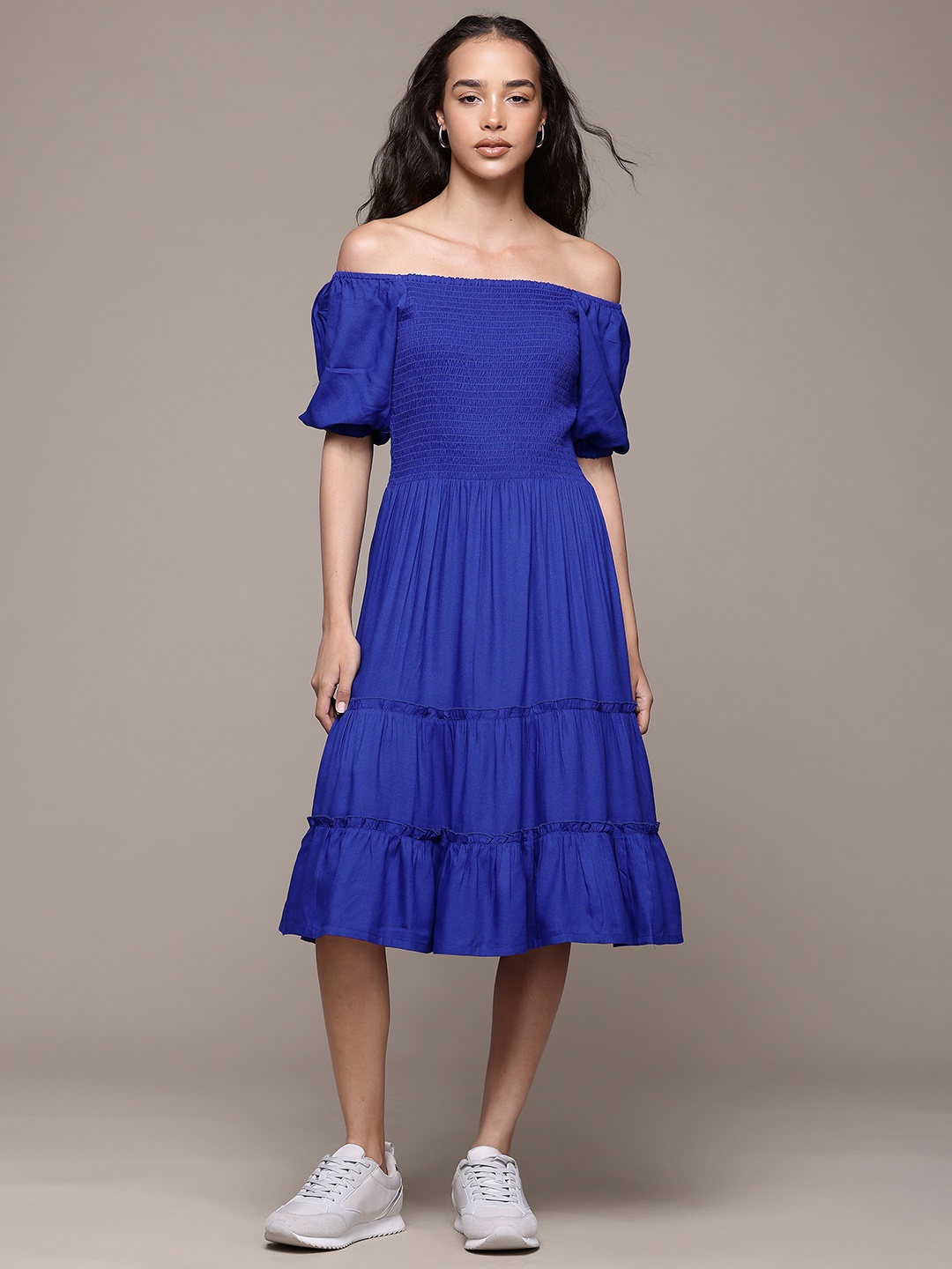 

Roadster Off-Shoulder Puff Sleeves Smocked Tiered Fit & Flare Dress, Blue