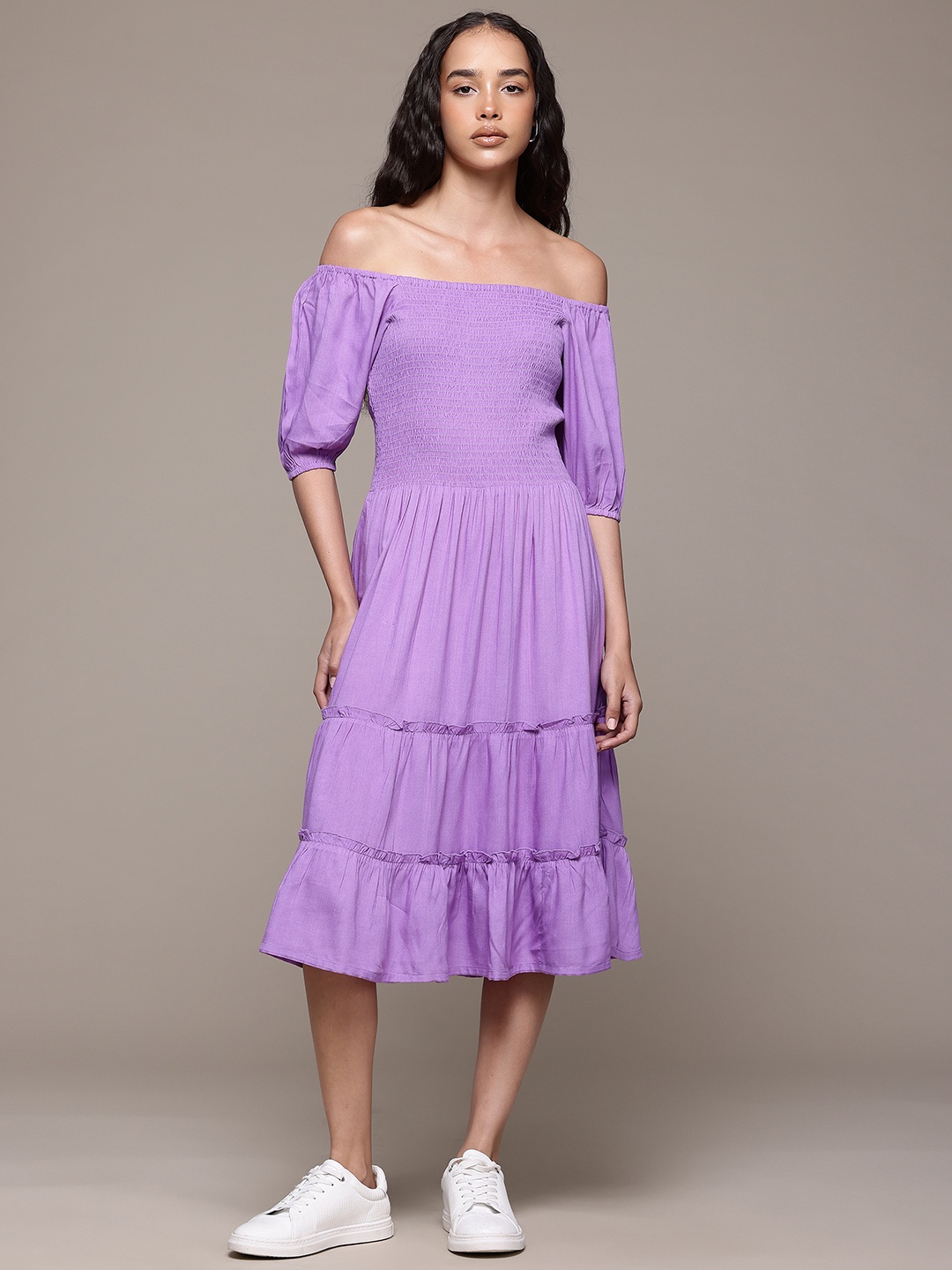 

Roadster Off-Shoulder Puff Sleeves Smocked Fit & Flare Dress, Lavender