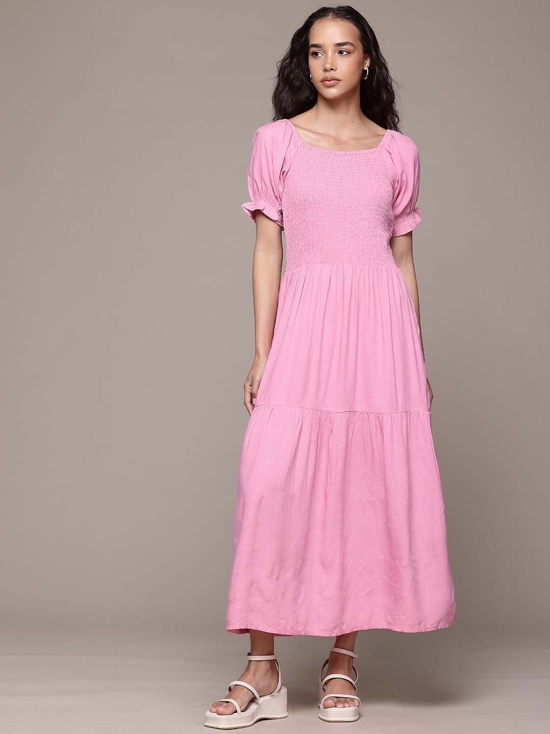 

Roadster Puff Sleeves Smocked A-Line Midi Dress, Pink