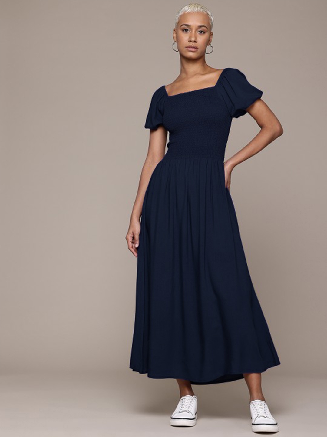 

Roadster Puff Sleeves Fit & Flare Smocked Maxi Dress, Blue