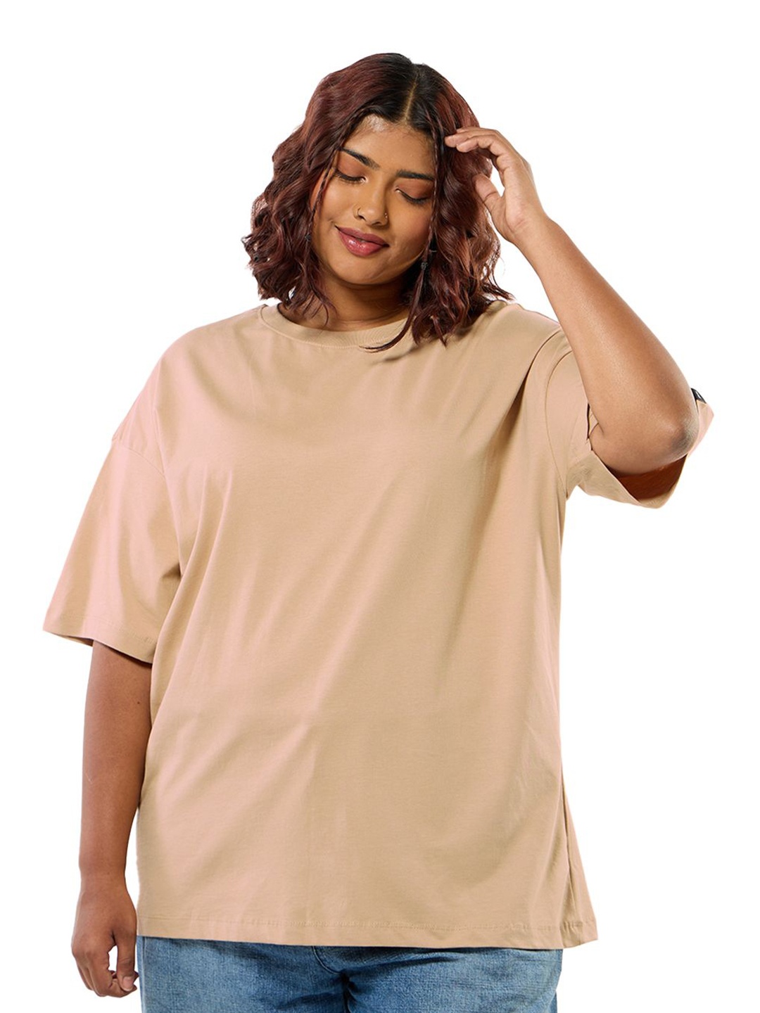 

Bewakoof Plus Women Round Neck Solid Oversized Pure Cotton Plus Size T-shirt, Beige