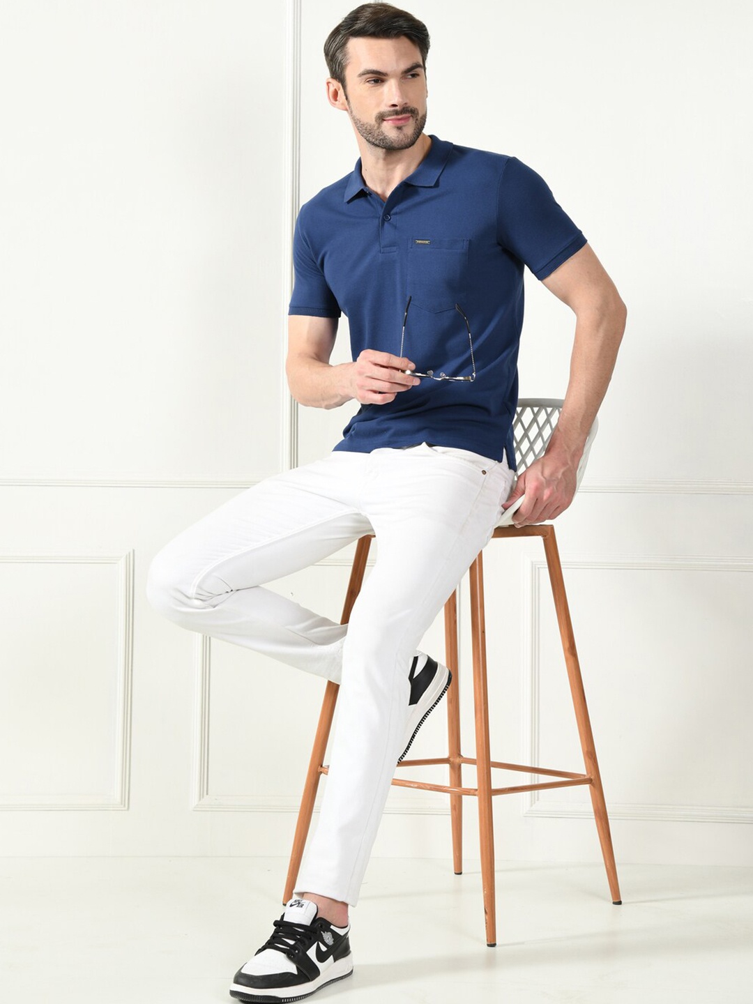 

STARFOX Men Solid Polo Collar Pocket Cotton T-shirt, Blue