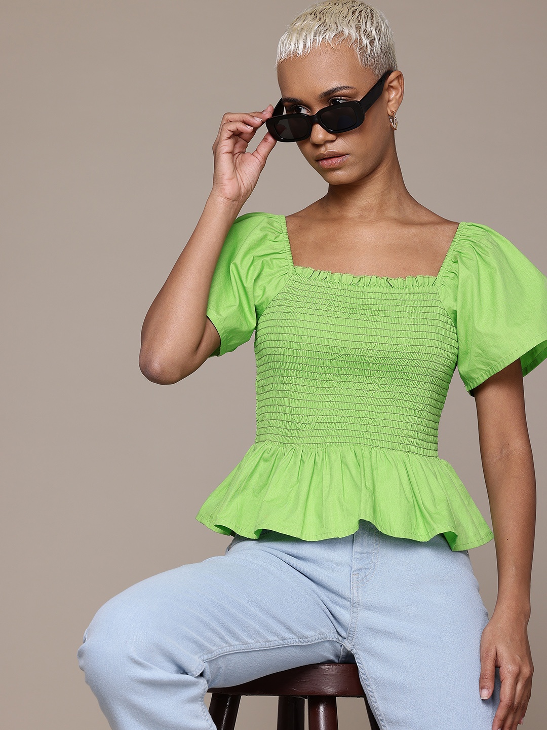 

Roadster Flared Sleeves Smocked Cotton Peplum Top, Lime green